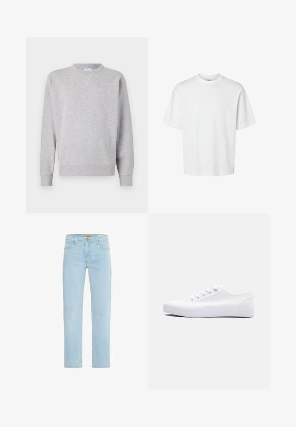 Grå sweatshirt lavet af blødt stof, med rund halsudskæring, lange ærmer, ribbede manchetter og lige kant. Ingen synlige mønstre eller grafik.; Enkel hvid t-shirt med korte ærmer, rund hals og løs pasform vist på hvid baggrund.; Lysblå denim jeans med lige snit, fem-lomme design, subtil falmning og klassisk talje med lukning med knap foran.; Lavtop hvid lærredsneaker med hvide snørebånd, gummisål og metaløjer, vist fra ydersiden på en ensfarvet baggrund.