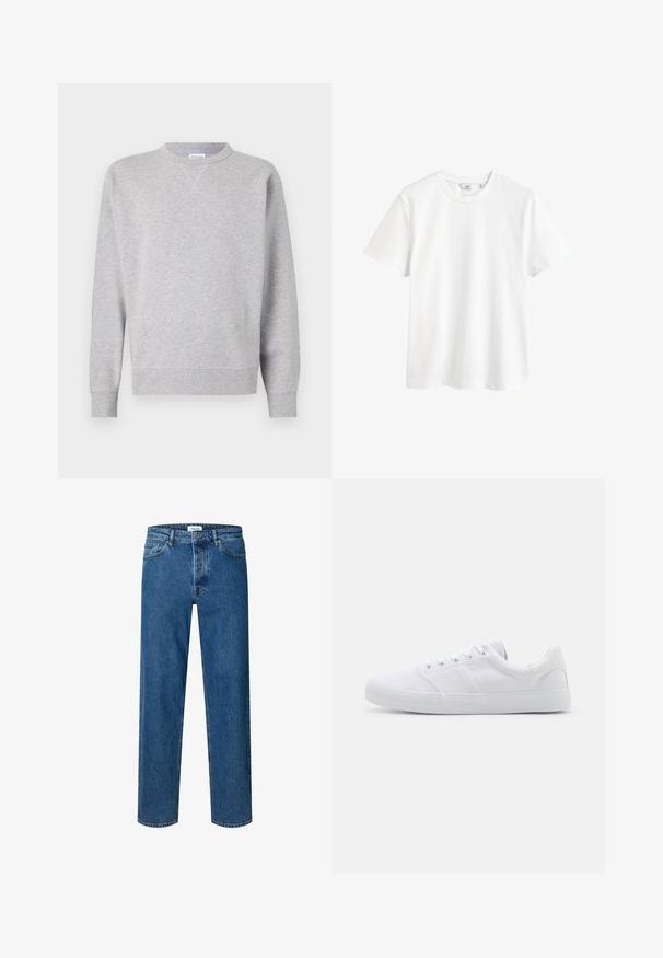 Sudadera gris hecha de tela suave, con cuello redondo, mangas largas, puños acanalados y dobladillo recto. Sin patrones ni gráficos visibles.; Camiseta blanca lisa de manga corta con cuello redondo y una pequeña etiqueta de marca en el interior del cuello.; Vaqueros azul de corte recto con cierre de botón y cremallera, trabillas para el cinturón y diseño de cinco bolsillos.; Zapatillas de lona blancas con suela de goma, que cuentan con seis ojales, una puntera texturizada y un diseño minimalista.