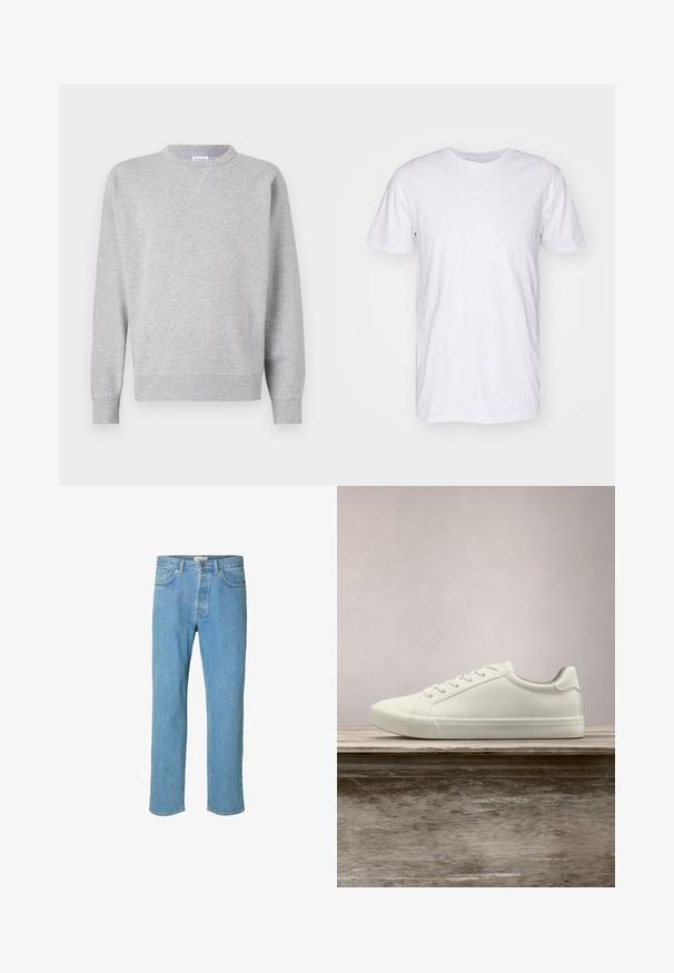 Hall grey särk, mis on valmistatud pehmest kangast, omab ümmargust kaelust, pikki varrukaid, soonikuid mansetid ning sirget allääret. Ei ole nähtavaid mustreid ega graafikat.; Selected SLHASPEN SLUB TEE - Lihtne T-särk - bright white; Heledad sinise tooni teksapüksid, millel on sirge jalgade disain. Omadusteks on nööpidega rihm, viis taskut ja õmblustega detailid õmbluste ääres.; Valged nööpidega ketsid, mis hõljuvad puidust pingil rohelise lehestiku taustal, näidates uue disaini ja tekstuuri.