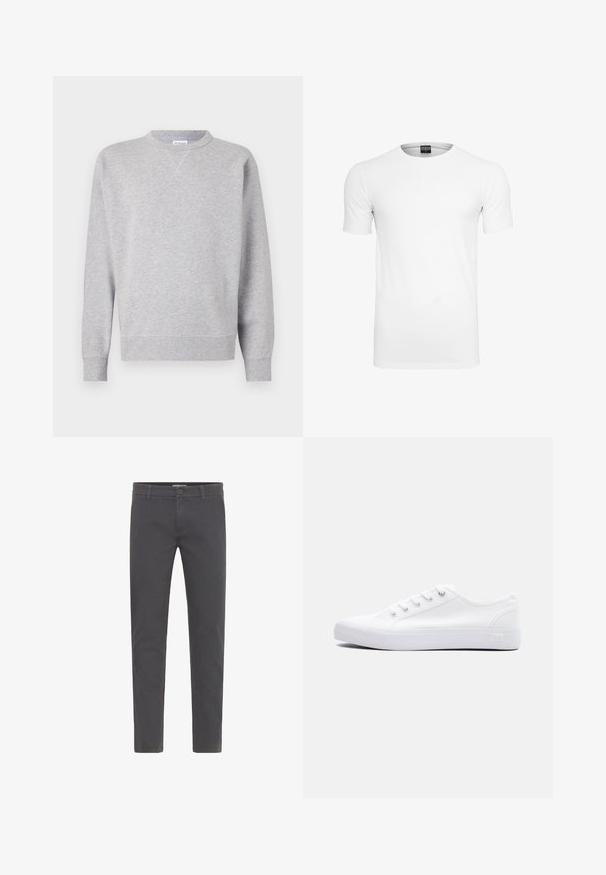 Sudadera gris hecha de tela suave, con cuello redondo, mangas largas, puños acanalados y dobladillo recto. Sin patrones ni gráficos visibles.; Camiseta blanca de manga corta y cuello redondo sobre un fondo blanco, mostrando la vista frontal con la etiqueta de la marca visible dentro del cuello.; Pantalones grises de corte ajustado, elaborados en suave algodón. Presentan un cierre con botón, presillas para cinturón y un diseño limpio y aerodinámico. Sin patrones visibles.; Zapatilla baja de lona blanca con cordones blancos, suela de goma y ojales metálicos, mostrada desde el lado externo sobre un fondo liso.