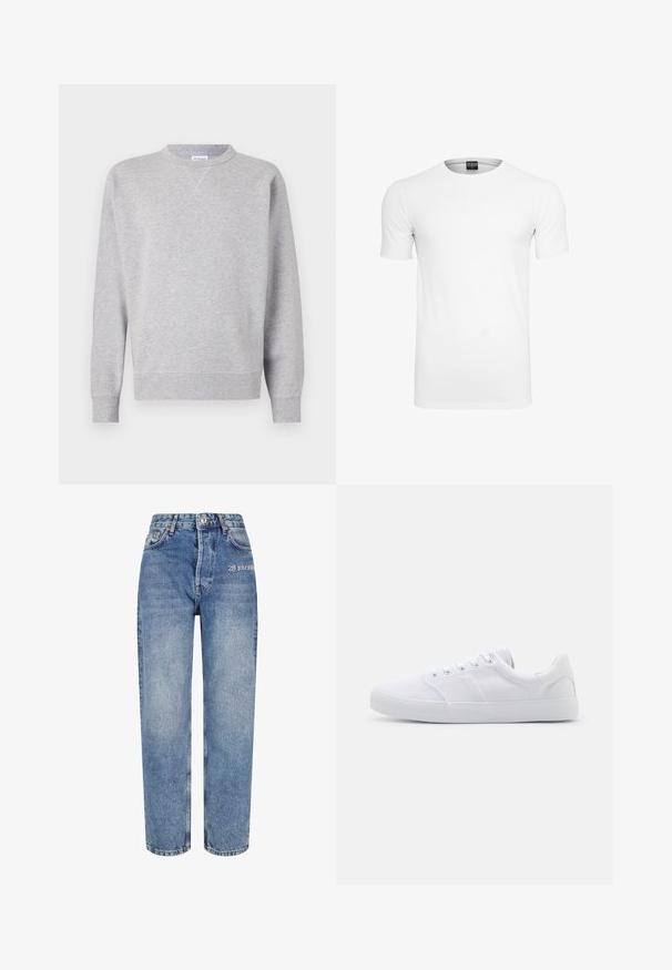 Grau Sweatshirt aus weichem Stoff, mit Rundhalsausschnitt, langen Ärmeln, gerippten Bündchen und geradem Saum. Keine sichtbaren Muster oder Grafiken.; Schlichtes weißes T-Shirt mit kurzen Ärmeln und Rundhalsausschnitt, mit einem schwarzen Label innen im Kragen vor weißem Hintergrund.; Hellblaue Denim-Jeans mit hoher Taille, geradem Bein und kontrastierendem Nähen. Besitzt einen gestickten Logo auf der Vorderseite und klassische fünf Taschen.; Weiße Leinenschuhe mit Gummisohle, ausgestattet mit sechs Ösen, einer strukturierten Zehenkappe und minimalistischer Gestaltung.