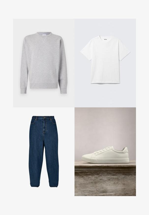 Grå sweatshirt lavet af blødt stof, med rund halsudskæring, lange ærmer, ribbede manchetter og lige kant. Ingen synlige mønstre eller grafik.; Hvid kortærmet crewneck T-shirt lagt fladt ud, ensfarvet design, med "WEEKDAY" mærkat inde i kraven på en lys baggrund.; Mørkeblå denimjeans med en afslappet pasform, høj talje og elastiske manchetter. Har en lukning med knap fortil og fem lommer.; Hvide snørresneakers svævende over en træbænk med grønne planter i baggrunden, der fremhæver skodesign og tekstur.