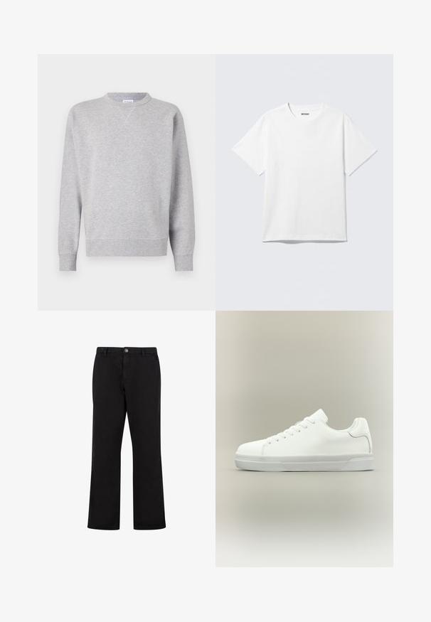 Sweatshirt gris en tissu doux, avec un col rond, des manches longues, des poignets côtelés et un ourlet droit. Aucune motif ni graphique visible.; T-shirt blanc à manches courtes et col rond, étalé à plat, design uni, avec l'étiquette "WEEKDAY" à l'intérieur du col sur un fond clair.; Pantalon noir à jambes droites avec fermeture à boutons sur le devant, passants de ceinture et poches latérales, présenté sur fond blanc.; Baskets basses blanches à lacets, doté d'un col rembourré et d'une semelle en caoutchouc texturée, présentées de profil sur un fond neutre.