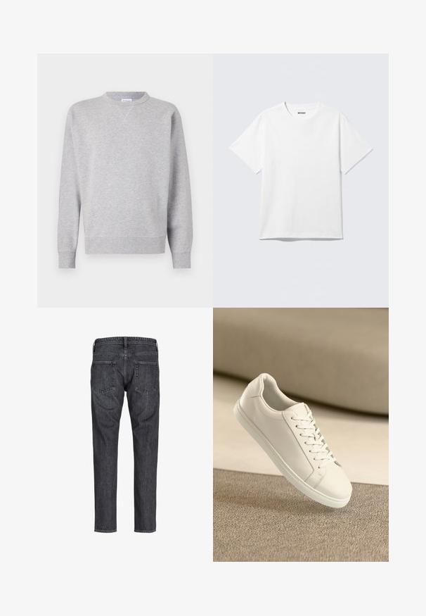 Grau Sweatshirt aus weichem Stoff, mit Rundhalsausschnitt, langen Ärmeln, gerippten Bündchen und geradem Saum. Keine sichtbaren Muster oder Grafiken.; Weißes T-Shirt mit kurzen Ärmeln und Rundhalsausschnitt, flach liegend, schlichtes Design, mit „WEEKDAY“-Etikett innen im Kragen auf hellem Hintergrund.; Rückansicht einer dunkelgrauen Jeans aus Denim mit zwei Gesäßtaschen, Gürtelschlaufen und geradem Bein.; Weißes Leder Sneaker mit weißen Schnürsenkeln, auf einer beigefarbenen strukturierten Oberfläche präsentiert, und einem sanft verschwommenen Hintergrund.