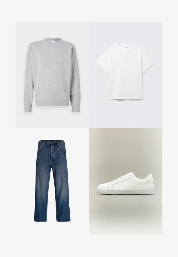Sweatshirt gris en tissu doux, avec un col rond, des manches longues, des poignets côtelés et un ourlet droit. Aucune motif ni graphique visible.; T-shirt blanc à manches courtes et col rond, étalé à plat, design uni, avec l'étiquette "WEEKDAY" à l'intérieur du col sur un fond clair.; Jean en denim avec une coupe droite, couleur bleu foncé et délavage subtil. Comprend cinq poches et une fermeture à bouton.; Baskets blanches basses à lacets sur l'avant avec semelle en caoutchouc texturée, sur fond neutre uni.