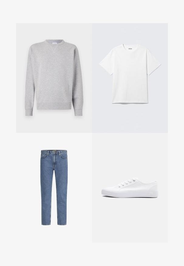 Grå sweatshirt lavet af blødt stof, med rund halsudskæring, lange ærmer, ribbede manchetter og lige kant. Ingen synlige mønstre eller grafik.; Hvid kortærmet crewneck T-shirt lagt fladt ud, ensfarvet design, med "WEEKDAY" mærkat inde i kraven på en lys baggrund.; Lyseblå denimjeans med lige ben, fem lommer og kontrastsyede syninger. Let falmet for et slidt look. Kraftig metal knap.; Lavtop hvid lærredsneaker med hvide snørebånd, gummisål og metaløjer, vist fra ydersiden på en ensfarvet baggrund.