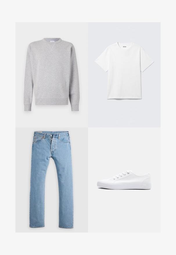 Sweatshirt gris en tissu doux, avec un col rond, des manches longues, des poignets côtelés et un ourlet droit. Aucune motif ni graphique visible.; T-shirt blanc à manches courtes et col rond, étalé à plat, design uni, avec l'étiquette "WEEKDAY" à l'intérieur du col sur un fond clair.; Jean en denim droit bleu clair avec fermeture à boutons, passants de ceinture, et poches avant et arrière, présenté sur un fond blanc.; Baskets basses en toile blanche avec lacets blancs, semelle en caoutchouc et œillets métalliques, vues de côté extérieur sur un fond uni.
