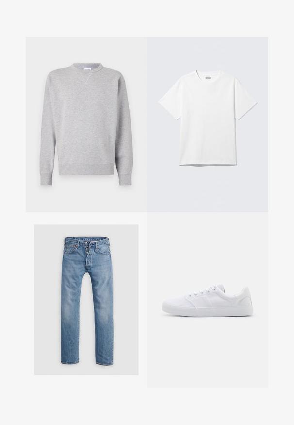 Grijze sweatshirt van zacht materiaal, met een ronde hals, lange mouwen, geribbelde manchetten en een rechte zoom. Geen zichtbare patronen of grafische elementen.; Witte T-shirt met korte mouwen en ronde hals, plat gelegd, effen ontwerp, met een "WEEKDAY" label in de kraag op een lichte achtergrond.; Lichtblauwe denim jeans met een recht gesneden ontwerp, vijf zakken en een knoopsluiting. Voorzien van subtiele vervaging en stikselaccenten.; Witte canvas sneakers met een rubberen zool, voorzien van zes oogjes, een gestructureerde neuskap en een minimalistisch ontwerp.