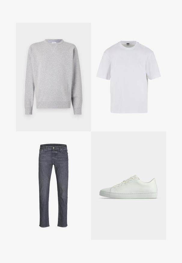Grå sweatshirt lavet af blødt stof, med rund halsudskæring, lange ærmer, ribbede manchetter og lige kant. Ingen synlige mønstre eller grafik.; Hvid kortærmet t-shirt lavet af bomuld. Har en rund halsudskæring og en afslappet pasform. Glat tekstur, minimalistisk design, ingen mønstre eller accenter.; Mørkegrå denimjeans med lige ben, knap- og lynlåslukning, for- og baglommer samt bæltestropper.; Hvid lavtop sneakers med snørebånd, glat læderoverdel og flad gummisål vist fra siden på en ensfarvet baggrund.