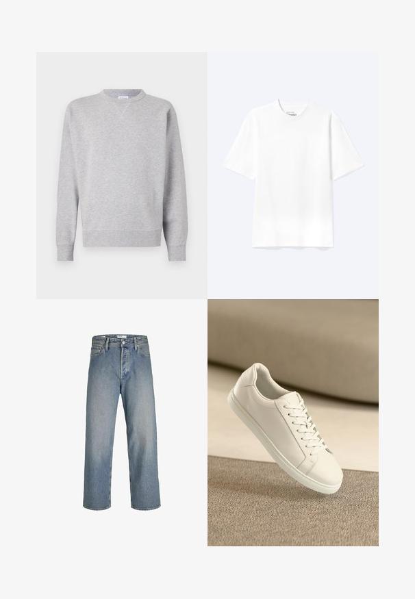 Grijze sweatshirt van zacht materiaal, met een ronde hals, lange mouwen, geribbelde manchetten en een rechte zoom. Geen zichtbare patronen of grafische elementen.; Effen witte T-shirt met korte mouwen en ronde hals, met een losse pasvorm, weergegeven op een lichte achtergrond.; Lichtblauwe denim jeans met een losse pasvorm, hoge taille en rechte pijpen. Bevat voorzakken en een metalen knoopsluiting.; Witte leren sneaker met witte veters, weergegeven op een beige textuurovervlak en een zacht vervaagd achtergrond.