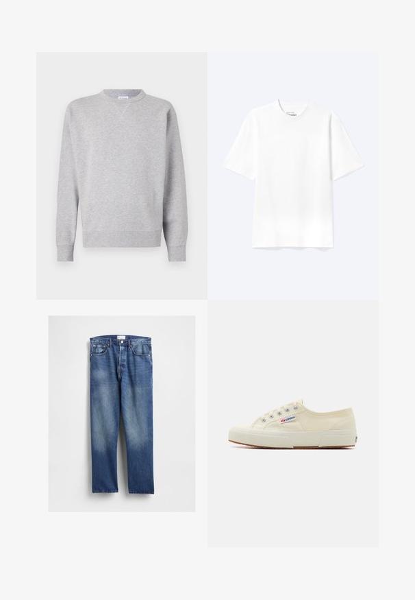 Grau Sweatshirt aus weichem Stoff, mit Rundhalsausschnitt, langen Ärmeln, gerippten Bündchen und geradem Saum. Keine sichtbaren Muster oder Grafiken.; Schlichtes weißes T-Shirt mit kurzen Ärmeln und Rundhalsausschnitt in entspannter Passform, auf hellem Hintergrund dargestellt.; Blaue Denim-Jeans mit geradem Bein, vorne ausgeblichen, klassischem Fünf-Taschen-Design und Metallnieten an den Taschen.; Beige Leinen-Sneaker mit niedrigem Profil, Metallösen und Gummisohle. Mit einem strukturierten Muster und einem Logodetail an der Seite.