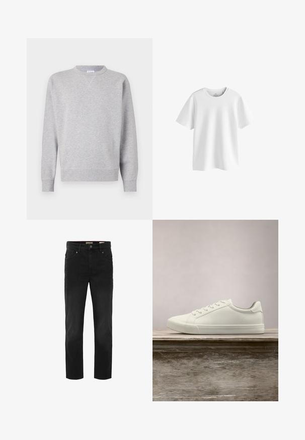 Grau Sweatshirt aus weichem Stoff, mit Rundhalsausschnitt, langen Ärmeln, gerippten Bündchen und geradem Saum. Keine sichtbaren Muster oder Grafiken.; Weißes Baumwoll-T-Shirt mit Rundhalsausschnitt, kurzen Ärmeln und legerer Passform. Ohne sichtbare Logos oder Muster. Glatte Textur.; Schwarze Denim-Jeans mit geradem Bein. Verfügt über fünf Taschen, einen Knopfverschluss und eine subtile Textur. Sauberer und klassischer Look.; Weiße Schnürsneaker, die über einer Holzbank mit grünem Laub im Hintergrund schweben und das Schuhdesign sowie die Textur zeigen.