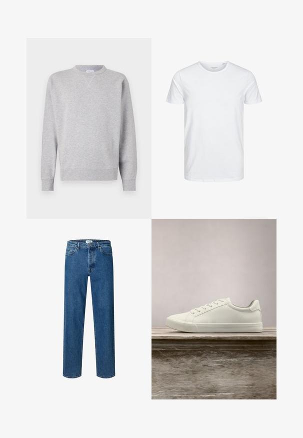 Grå sweatshirt lavet af blødt stof, med rund halsudskæring, lange ærmer, ribbede manchetter og lige kant. Ingen synlige mønstre eller grafik.; Rundhals kortærmet t-shirt i ensfarvet hvid, lavet af blød bomuld, har et simpelt design uden synlige mønstre eller detaljer.; Blå straight-leg denim jeans med knap- og lynlåslukning, bæltestropper og fem-lomme-design.; Hvide snørresneakers svævende over en træbænk med grønne planter i baggrunden, der fremhæver skodesign og tekstur.