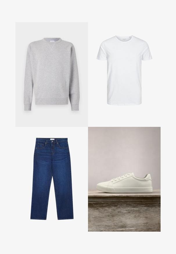 Grijze sweatshirt van zacht materiaal, met een ronde hals, lange mouwen, geribbelde manchetten en een rechte zoom. Geen zichtbare patronen of grafische elementen.; Ronde hals kortemouwen t-shirt in effen wit, gemaakt van zachte katoen, heeft een eenvoudig ontwerp zonder zichtbare patronen of accenten.; Donkerblauwe denim jeans met een rechte pijp, voorzien van een knoop- en ritssluiting, vijf zakken en zichtbare stikseldetails.; Witte vetersneaker die boven een houten bank zweeft met groene bladeren op de achtergrond, waarbij het ontwerp en de textuur van de schoen worden getoond.