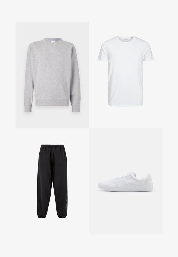 Hall grey särk, mis on valmistatud pehmest kangast, omab ümmargust kaelust, pikki varrukaid, soonikuid mansetid ning sirget allääret. Ei ole nähtavaid mustreid ega graafikat.; Ümmarguse kaelusega lühikeste varrukatega T-särk, mis on puhtast valgest pehmest puuvillast, omab lihtsat disaini ilma nähtavate mustrite või aktsentideta.; Mustad mustad, pehmest kangast, elastse vööga. Kitsenevad pahkluud ja prinditud teksti detail ühel poolel. Igapäevane, vabalt kulgev lõige.; Valged kangast dressikingad kummist tallaga, kuue paelakohaga, tekstureeritud varbakattega ja minimalistliku disainiga.