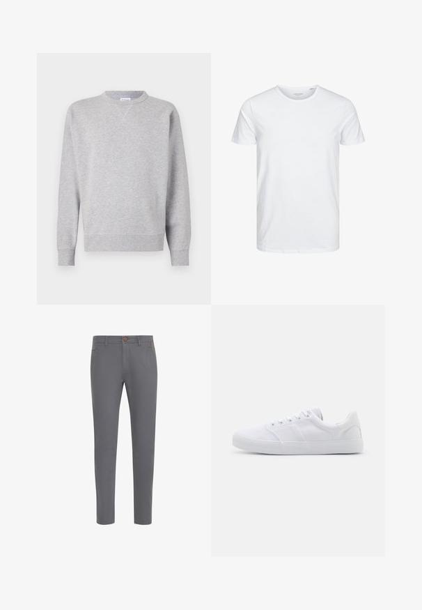 Grau Sweatshirt aus weichem Stoff, mit Rundhalsausschnitt, langen Ärmeln, gerippten Bündchen und geradem Saum. Keine sichtbaren Muster oder Grafiken.; Rundhals-T-Shirt mit kurzen Ärmeln in reinem Weiß, aus weicher Baumwolle, mit einem schlichten Design ohne sichtbare Muster oder Akzente.; Graue Baumwollhosen mit einer taillierten Passform, ausgestattet mit einem Knopfverschluss, normalen Taschen und einer glatten Textur.; Weiße Leinenschuhe mit Gummisohle, ausgestattet mit sechs Ösen, einer strukturierten Zehenkappe und minimalistischer Gestaltung.