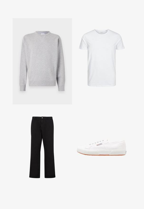 Grijze sweatshirt van zacht materiaal, met een ronde hals, lange mouwen, geribbelde manchetten en een rechte zoom. Geen zichtbare patronen of grafische elementen.; Ronde hals kortemouwen t-shirt in effen wit, gemaakt van zachte katoen, heeft een eenvoudig ontwerp zonder zichtbare patronen of accenten.; Zwarte rechte broek met knoopsluiting aan de voorkant, riemlussen en zijzakken, getoond op een witte achtergrond.; Witte canvas sneakers met een rubberen zool, vetersluiting en een klein logolabel aan de zijkant. Gewreven wit bovenwerk en een bruine zool.
