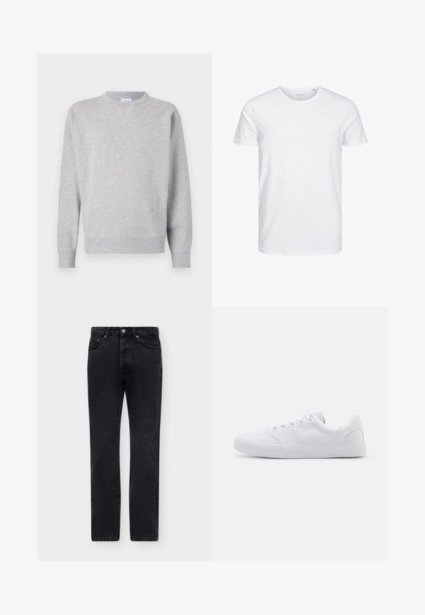 Grå sweatshirt lavet af blødt stof, med rund halsudskæring, lange ærmer, ribbede manchetter og lige kant. Ingen synlige mønstre eller grafik.; Rundhals kortærmet t-shirt i ensfarvet hvid, lavet af blød bomuld, har et simpelt design uden synlige mønstre eller detaljer.; Sorte jeans med lige ben, frontlukning med knap og lynlås, bæltestropper og to forlommer.; Hvide lærreds sneakers med gummisål, der har seks snørehuller, en struktureret tåkap og et minimalistisk design.