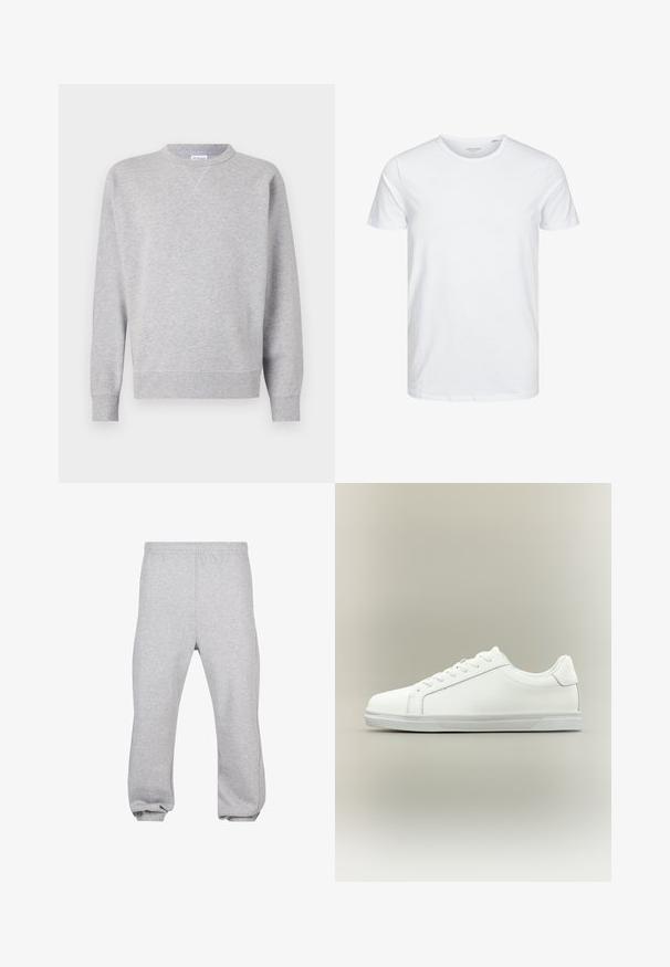 Sweatshirt gris en tissu doux, avec un col rond, des manches longues, des poignets côtelés et un ourlet droit. Aucune motif ni graphique visible.; T-shirt à col rond à manches courtes de couleur blanche unie, fabriqué en coton doux, avec un design simple sans motifs ni accents visibles.; Pantalon de jogging en coton gris clair avec taille élastique et poignets aux chevilles, présenté à plat sur fond blanc.; Baskets blanches basses à lacets sur l'avant avec semelle en caoutchouc texturée, sur fond neutre uni.