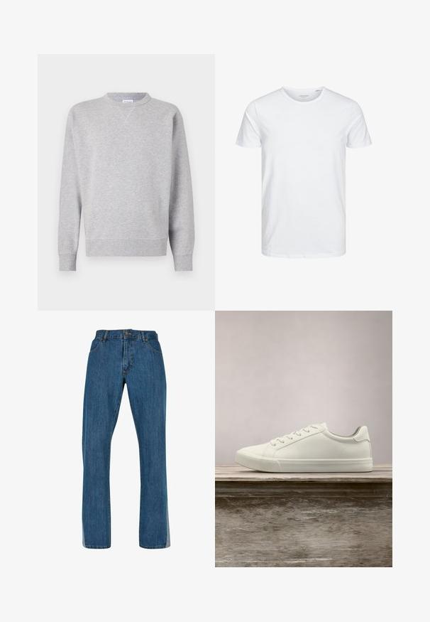 Sweatshirt gris en tissu doux, avec un col rond, des manches longues, des poignets côtelés et un ourlet droit. Aucune motif ni graphique visible.; T-shirt à col rond à manches courtes de couleur blanche unie, fabriqué en coton doux, avec un design simple sans motifs ni accents visibles.; Jean en denim bleu avec une coupe droite, présentant un design classique à cinq poches, une fermeture à bouton et à glissière à l'avant, et des coutures visibles.; Sneaker en dentelle blanche flottant au-dessus d'un banc en bois avec un feuillage vert en arrière-plan, mettant en valeur le design et la texture de la chaussure.