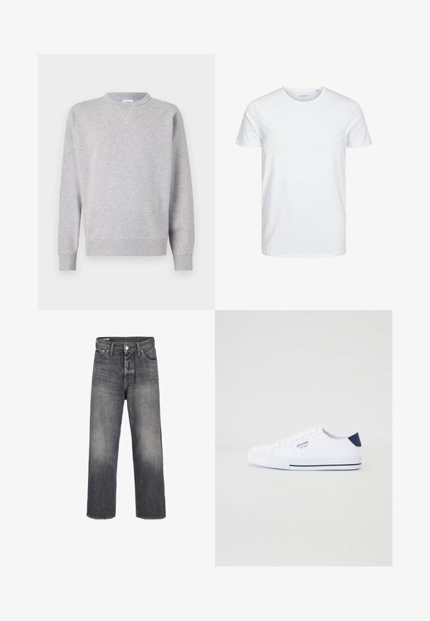 Grå sweatshirt lavet af blødt stof, med rund halsudskæring, lange ærmer, ribbede manchetter og lige kant. Ingen synlige mønstre eller grafik.; Rundhals kortærmet t-shirt i ensfarvet hvid, lavet af blød bomuld, har et simpelt design uden synlige mønstre eller detaljer.; Jeans i denim i en falmet sort farve, med lige ben-design, fem lommer og metalknaplukning i taljen.; Hvide kanvas sneakers med en marineblå hælaccents, flad gummisål, rund tå og hvide snørebånd. Har logo på siden.