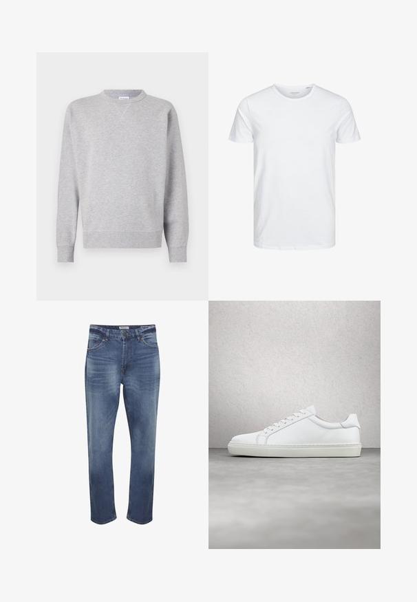 Sudadera gris hecha de tela suave, con cuello redondo, mangas largas, puños acanalados y dobladillo recto. Sin patrones ni gráficos visibles.; Camiseta de manga corta y cuello redondo en blanco sólido, fabricada en algodón suave, presenta un diseño simple sin patrones ni acentos visibles.; Vaqueros de mezclilla en azul medio con un acabado descolorido, diseño de cinco bolsillos, cierre de cremallera y corte recto estándar. Detalles de costura distintivos.; Zapatilla blanca con parte superior de cuero liso y perfil bajo. Presenta una puntera redondeada, seis ojales y una suela de goma texturizada.