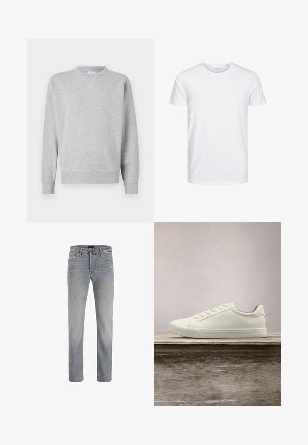 Grau Sweatshirt aus weichem Stoff, mit Rundhalsausschnitt, langen Ärmeln, gerippten Bündchen und geradem Saum. Keine sichtbaren Muster oder Grafiken.; Rundhals-T-Shirt mit kurzen Ärmeln in reinem Weiß, aus weicher Baumwolle, mit einem schlichten Design ohne sichtbare Muster oder Akzente.; Hellgraue Denim-Jeans mit geradem Bein, fünf Taschen und klassischem Knopfverschluss. Glatte Stoffstruktur und sauberes Finish.; Weiße Schnürsneaker, die über einer Holzbank mit grünem Laub im Hintergrund schweben und das Schuhdesign sowie die Textur zeigen.