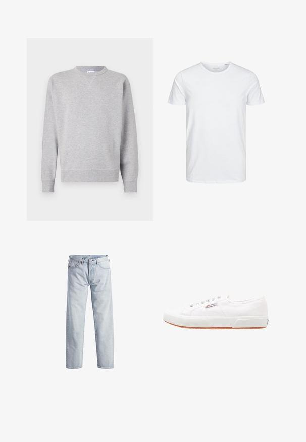 Hall grey särk, mis on valmistatud pehmest kangast, omab ümmargust kaelust, pikki varrukaid, soonikuid mansetid ning sirget allääret. Ei ole nähtavaid mustreid ega graafikat.; Ümmarguse kaelusega lühikeste varrukatega T-särk, mis on puhtast valgest pehmest puuvillast, omab lihtsat disaini ilma nähtavate mustrite või aktsentideta.; Heledad sinised teksad sirge sääre disainiga, nupuga lend, viis taskut ja peene fadestruktuuriga. Omab metallist aksessuaare.; Valged kanvasist tossud, millel on kummist tald, nööpidega kinnitamine ja väike logo silt küljel. Tekstureeritud valge ülaserv ja pruun tall.