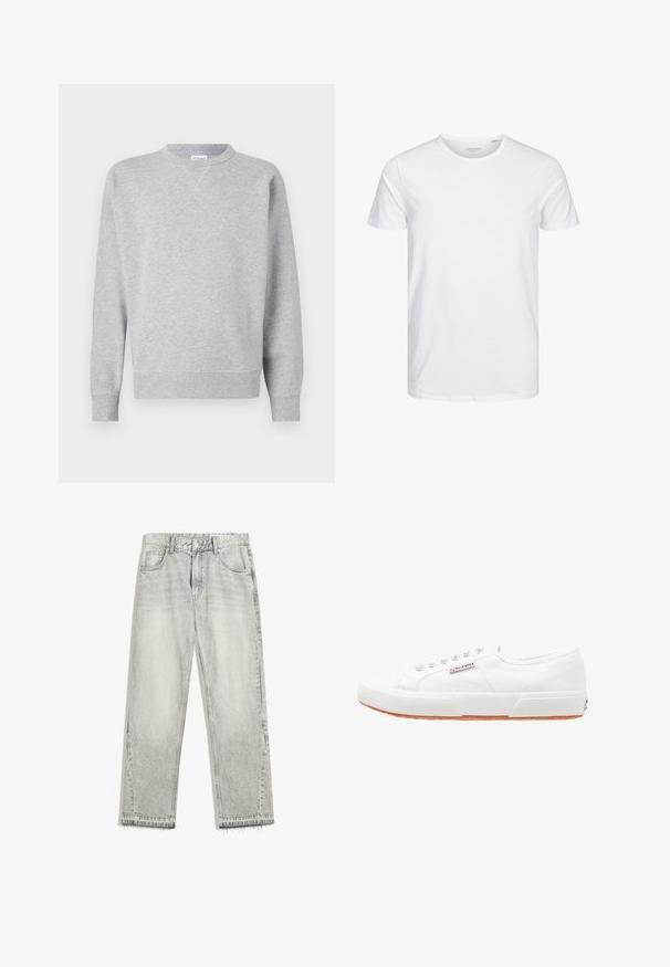 Grijze sweatshirt van zacht materiaal, met een ronde hals, lange mouwen, geribbelde manchetten en een rechte zoom. Geen zichtbare patronen of grafische elementen.; Ronde hals kortemouwen t-shirt in effen wit, gemaakt van zachte katoen, heeft een eenvoudig ontwerp zonder zichtbare patronen of accenten.; Lichtgrijze denim jeans met een licht vervaagde afwerking, rechte snit, vijf-pocketontwerp en rafelige zoom. Platte tailleband met riemlussen.; Witte canvas sneakers met een rubberen zool, vetersluiting en een klein logolabel aan de zijkant. Gewreven wit bovenwerk en een bruine zool.