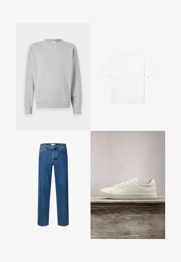 Grå sweatshirt lavet af blødt stof, med rund halsudskæring, lange ærmer, ribbede manchetter og lige kant. Ingen synlige mønstre eller grafik.; Hvid bomulds T-shirt med korte ærmer, rund halsudskæring og lige kant. Glat tekstur uden synlige mønstre eller accenter.; Blå straight-leg denim jeans med knap- og lynlåslukning, bæltestropper og fem-lomme-design.; Hvide snørresneakers svævende over en træbænk med grønne planter i baggrunden, der fremhæver skodesign og tekstur.