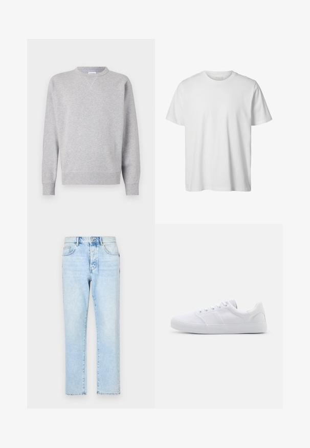 Grå sweatshirt lavet af blødt stof, med rund halsudskæring, lange ærmer, ribbede manchetter og lige kant. Ingen synlige mønstre eller grafik.; Enkelt hvid T-shirt med korte ærmer og rund hals, løs pasform og uden synlige logoer eller designs foran.; Lysblå denimbukser med lige ben, falmede detaljer og traditionelt fem-lomme design. Lukkes med lynlås og knap foran.; Hvide lærreds sneakers med gummisål, der har seks snørehuller, en struktureret tåkap og et minimalistisk design.