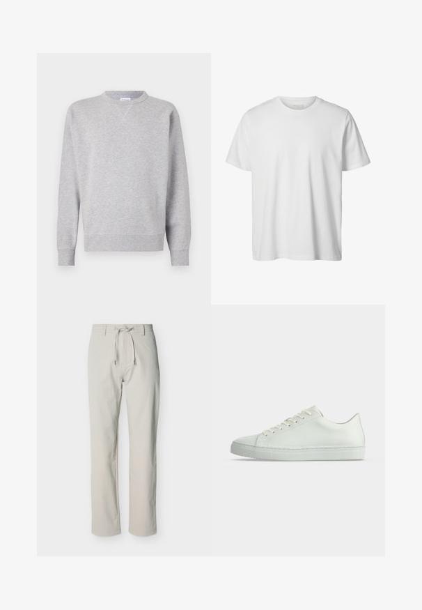 Sweatshirt gris en tissu doux, avec un col rond, des manches longues, des poignets côtelés et un ourlet droit. Aucune motif ni graphique visible.; T-shirt blanc uni à manches courtes, col rond, coupe décontractée, sans logos ni motifs visibles à l'avant.; Pantalon beige droit avec passants pour ceinture et ceinture en tissu nouée, présenté à plat sur un fond blanc.; Baskets basses blanches avec lacets, empeigne en cuir lisse et semelle plate en caoutchouc, vues de profil sur un fond uni.