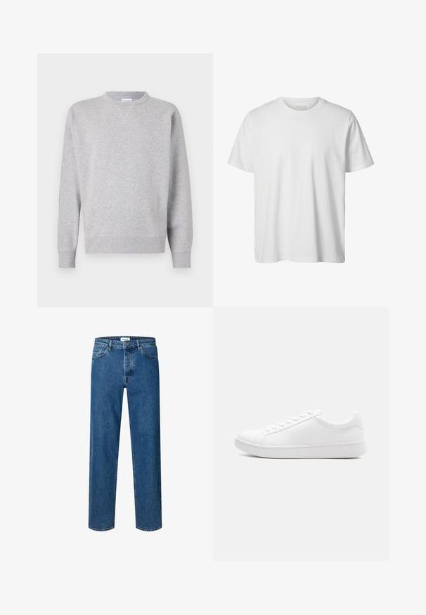 Sudadera gris hecha de tela suave, con cuello redondo, mangas largas, puños acanalados y dobladillo recto. Sin patrones ni gráficos visibles.; Camiseta blanca lisa de manga corta con cuello redondo, corte holgado y sin logos o diseños visibles en el frente.; Vaqueros azul de corte recto con cierre de botón y cremallera, trabillas para el cinturón y diseño de cinco bolsillos.; Zapatilla blanca de cuero liso con cierre de cordones, diseño bajo y suela gruesa de caucho, vista lateral sobre un fondo liso.