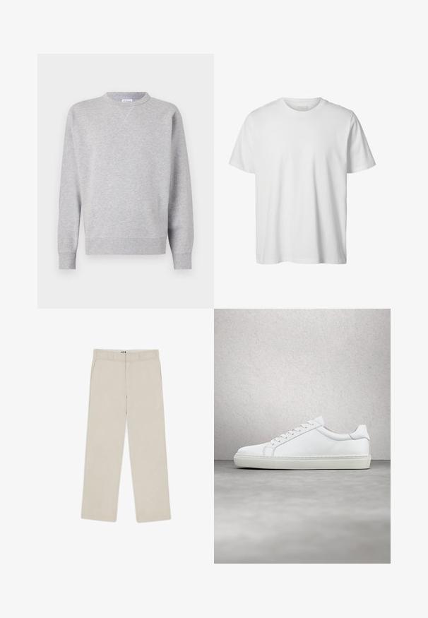 Grå sweatshirt lavet af blødt stof, med rund halsudskæring, lange ærmer, ribbede manchetter og lige kant. Ingen synlige mønstre eller grafik.; Enkelt hvid T-shirt med korte ærmer og rund hals, løs pasform og uden synlige logoer eller designs foran.; Beige brede bukser med en glat tekstur, der har bæltestropper, to frontlommer og en lynlåslukning. Minimalistisk design.; Hvide sneakers med en glat læderoverdel og lav profil. Har en rund tå, seks snørehuller og en tekstureret gummisål.