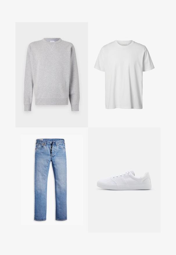 Sweatshirt gris en tissu doux, avec un col rond, des manches longues, des poignets côtelés et un ourlet droit. Aucune motif ni graphique visible.; T-shirt blanc uni à manches courtes, col rond, coupe décontractée, sans logos ni motifs visibles à l'avant.; Jeans en denim bleu clair avec une coupe droite, une fermeture à cinq boutons, des passants de ceinture et un délavage subtil. Dispose de deux poches avant et de rivets en cuivre.; Baskets en toile blanches avec une semelle en caoutchouc, dotées de six œillets, d'un embout texturé et d'un design minimaliste.