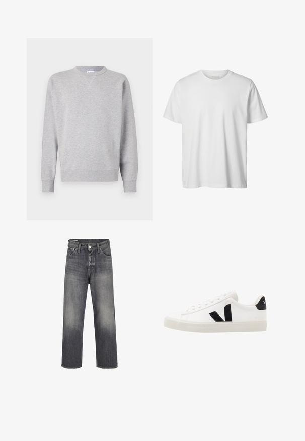 Sweatshirt gris en tissu doux, avec un col rond, des manches longues, des poignets côtelés et un ourlet droit. Aucune motif ni graphique visible.; T-shirt blanc uni à manches courtes, col rond, coupe décontractée, sans logos ni motifs visibles à l'avant.; Jeans en denim de couleur noir délavé, avec une coupe droite, un style à cinq poches et une fermeture à bouton en métal à la taille.; Sneaker blanche en cuir avec des accents en daim noir ; dispose d'une semelle en caoutchouc, d'un bout rond et d'un design classique à lacets. Logo latéral en noir.