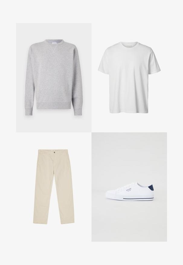 Sweatshirt gris en tissu doux, avec un col rond, des manches longues, des poignets côtelés et un ourlet droit. Aucune motif ni graphique visible.; T-shirt blanc uni à manches courtes, col rond, coupe décontractée, sans logos ni motifs visibles à l'avant.; Pantalon beige à jambes droites avec fermeture par bouton et fermeture éclair, passants pour ceinture et poches latérales avant.; Baskets en toile blanches avec un accent de talon marine, semelle en caoutchouc plate, bout rond et lacets blancs. Présente un logo sur le côté.