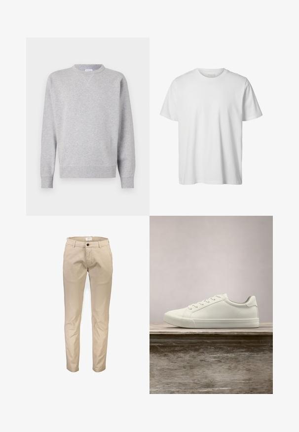 Sudadera gris hecha de tela suave, con cuello redondo, mangas largas, puños acanalados y dobladillo recto. Sin patrones ni gráficos visibles.; Camiseta blanca lisa de manga corta con cuello redondo, corte holgado y sin logos o diseños visibles en el frente.; Pantalones de algodón beige con diseño de pierna recta, que cuentan con bolsillos delanteros, cierre de cremallera y un solo botón. Textura lisa, sin estampados.; Zapatilla blanca con cordones flotando sobre un banco de madera con follaje verde al fondo, mostrando el diseño y la textura del zapato.