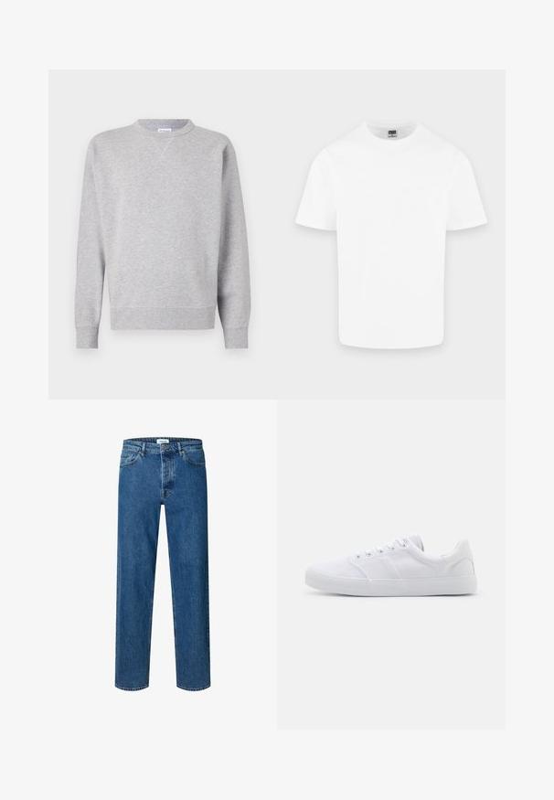 Sudadera gris hecha de tela suave, con cuello redondo, mangas largas, puños acanalados y dobladillo recto. Sin patrones ni gráficos visibles.; Camiseta blanca lisa de algodón con cuello redondo y mangas cortas, mostrada sobre un fondo gris claro.; Vaqueros azul de corte recto con cierre de botón y cremallera, trabillas para el cinturón y diseño de cinco bolsillos.; Zapatillas de lona blancas con suela de goma, que cuentan con seis ojales, una puntera texturizada y un diseño minimalista.