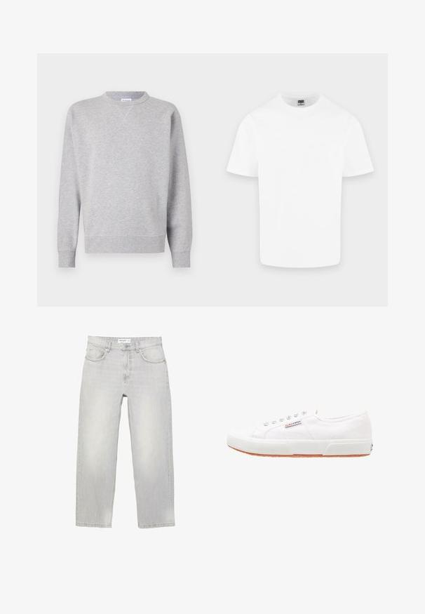 Sweatshirt gris en tissu doux, avec un col rond, des manches longues, des poignets côtelés et un ourlet droit. Aucune motif ni graphique visible.; T-shirt blanc uni en coton à manches courtes et col rond présenté sur un fond gris clair.; Jean en denim gris clair avec une coupe décontractée, doté de cinq poches, d'une ceinture standard et d'un léger délavage sur l'ensemble du tissu.; Baskets en toile blanches avec une semelle en caoutchouc, design à lacets et une petite étiquette logo sur le côté. Tige blanche texturée et semelle extérieure marron.