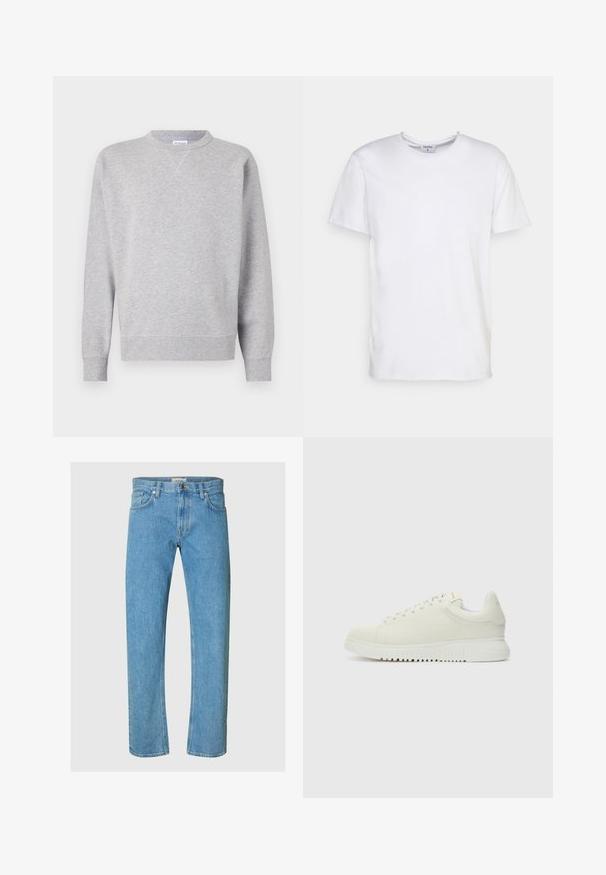 Grijze sweatshirt van zacht materiaal, met een ronde hals, lange mouwen, geribbelde manchetten en een rechte zoom. Geen zichtbare patronen of grafische elementen.; Witte t-shirt met korte mouwen, gemaakt van katoen. Heeft een ronde halslijn en een comfortabele pasvorm zonder zichtbare patronen of accessoires.; Lichtblauwe denim jeans hebben een recht model, vijf-pocket stijl en een ritssluiting met een metalen knoopsluiting.; Witte leren sneaker met een textuur bovenkant, ronde neus, vlakke witte zool en tonale veters. Subtiele branding op de tong.