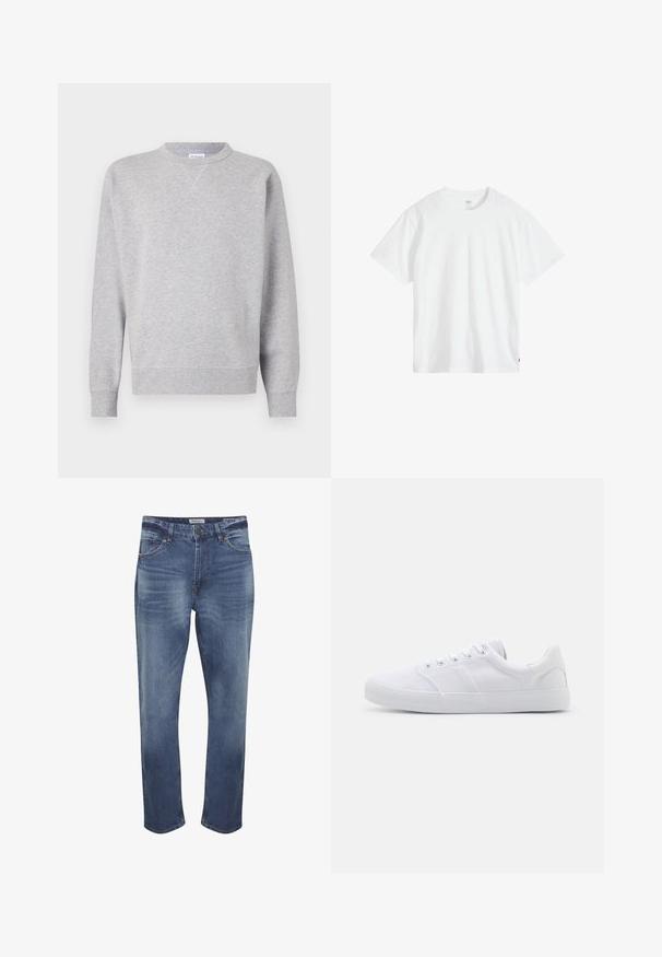 Grau Sweatshirt aus weichem Stoff, mit Rundhalsausschnitt, langen Ärmeln, gerippten Bündchen und geradem Saum. Keine sichtbaren Muster oder Grafiken.; Weißes Baumwoll-T-Shirt mit Rundhalsausschnitt, kurzen Ärmeln und lockerer Passform. Verfügt über ein kleines Markenschild unten links.; Jeans aus Denim in mittlerem Blau mit einem verwaschenen Finish, Fünf-Taschen-Design, Reißverschluss und geradem Schnitt. Markante Nähte.; Weiße Leinenschuhe mit Gummisohle, ausgestattet mit sechs Ösen, einer strukturierten Zehenkappe und minimalistischer Gestaltung.