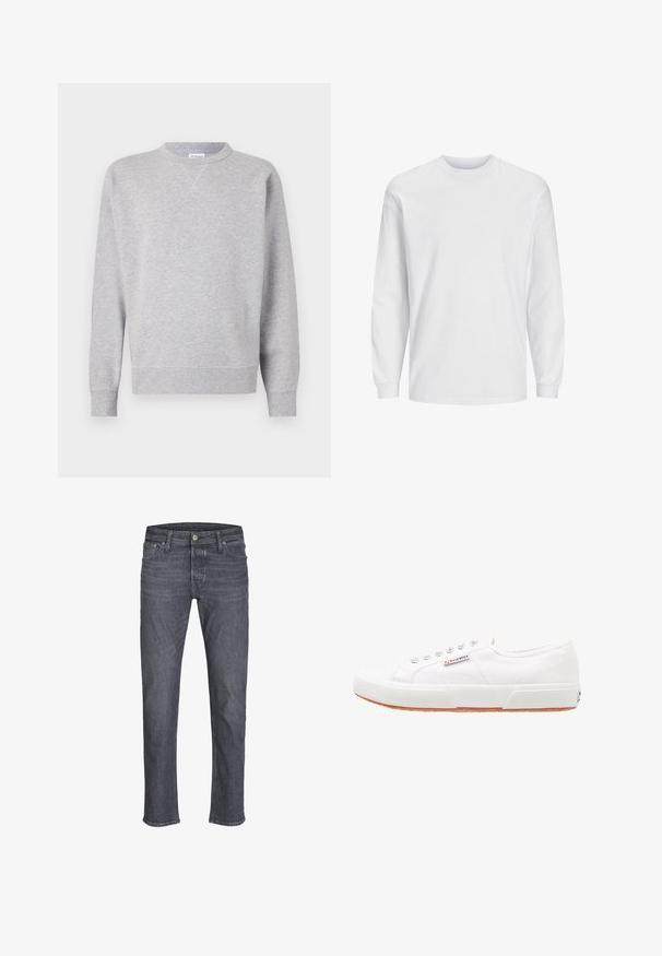 Sweatshirt gris en tissu doux, avec un col rond, des manches longues, des poignets côtelés et un ourlet droit. Aucune motif ni graphique visible.; T-shirt blanc à manches longues en coton. Présente un col rond et un design uni sans motifs ni accents. Texture douce et lisse.; Jean en denim gris foncé à jambes droites avec fermeture par bouton et glissière, poches avant et arrière, ainsi que passants pour ceinture.; Baskets en toile blanches avec une semelle en caoutchouc, design à lacets et une petite étiquette logo sur le côté. Tige blanche texturée et semelle extérieure marron.