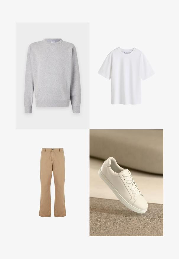 Sudadera gris hecha de tela suave, con cuello redondo, mangas largas, puños acanalados y dobladillo recto. Sin patrones ni gráficos visibles.; Camiseta blanca lisa de algodón con mangas cortas y cuello redondo, mostrada de frente sobre un fondo blanco.; Pantalones de algodón beige con un corte recto, que cuentan con un cierre de botón, bolsillos frontales y una textura suave.; Zapatilla de cuero blanca con cordones blancos, exhibida sobre una superficie texturizada beige y un suave fondo desenfocado.