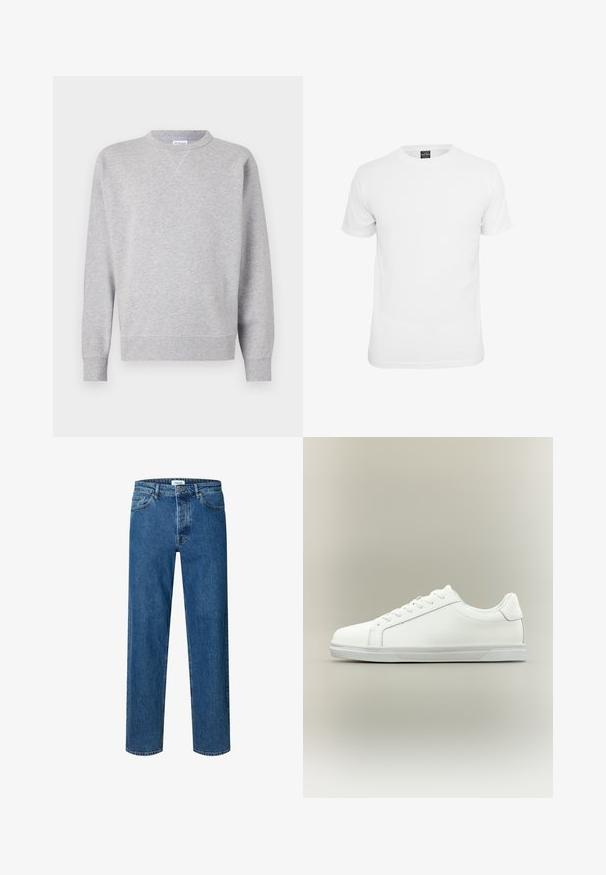Grau Sweatshirt aus weichem Stoff, mit Rundhalsausschnitt, langen Ärmeln, gerippten Bündchen und geradem Saum. Keine sichtbaren Muster oder Grafiken.; Weißes T-Shirt mit kurzen Ärmeln, aus Baumwolle, mit Rundhalsausschnitt und glatter Textur, entworfen für lässige Kleidung.; Blaue Jeans mit geradem Bein, Knopf- und Reißverschluss, Gürtelschlaufen und Fünf-Taschen-Design.; Weißer Sneaker mit niedrigem Schaft, Schnürung vorne und strukturierter Gummisohle vor einfachem neutralem Hintergrund.