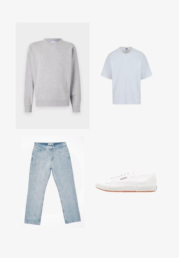 Sweatshirt gris en tissu doux, avec un col rond, des manches longues, des poignets côtelés et un ourlet droit. Aucune motif ni graphique visible.; T-shirt en coton blanc avec un col rond, des manches courtes et une coupe droite. Présente des détails de couture subtils sur les épaules.; Jean droit bleu clair avec bouton frontal, passant de ceinture et design à cinq poches, posé à plat sur un fond blanc.; Baskets en toile blanches avec une semelle en caoutchouc, design à lacets et une petite étiquette logo sur le côté. Tige blanche texturée et semelle extérieure marron.