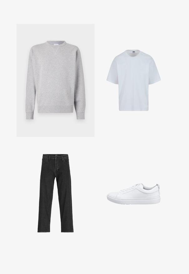 Grå sweatshirt lavet af blødt stof, med rund halsudskæring, lange ærmer, ribbede manchetter og lige kant. Ingen synlige mønstre eller grafik.; Hvid bomulds T-shirt med rund halsudskæring, korte ærmer og lige snit. Har subtile syningsdetaljer på skuldrene.; Sorte denim jeans med lige ben-design, som har lynlås, bæltestropper og seks lommer, lavet af et robust bomuldsblandingsstof.; Hvide lædersneakers med en glat overflade, rund tå, flad gummisål og diskret logo på siden. Snørebåndene går gennem seks øjer.
