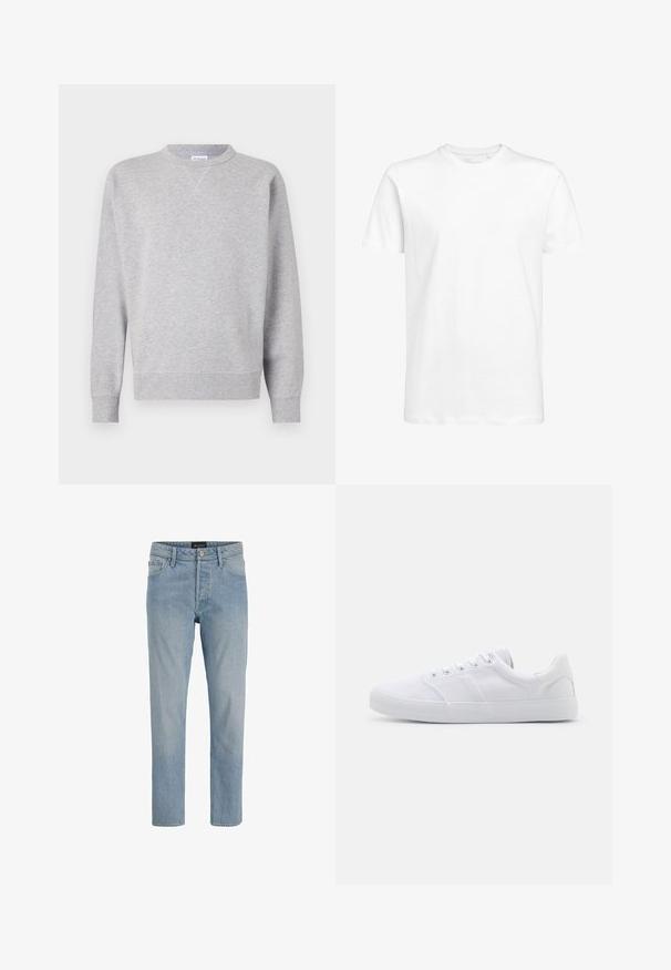 Grau Sweatshirt aus weichem Stoff, mit Rundhalsausschnitt, langen Ärmeln, gerippten Bündchen und geradem Saum. Keine sichtbaren Muster oder Grafiken.; Weißes kurzärmeliges T-Shirt aus Baumwolle mit rundem Ausschnitt und normaler Passform. Schlichtes Design, keine Muster oder sichtbaren Akzente.; Hellblaue Denim-Jeans mit geradem Schnitt, fünf Taschen, Knopfverschluss und einem leicht ausgewaschenen Finish.; Weiße Leinenschuhe mit Gummisohle, ausgestattet mit sechs Ösen, einer strukturierten Zehenkappe und minimalistischer Gestaltung.