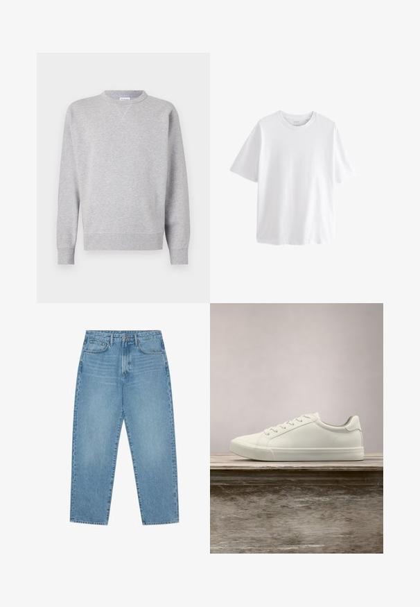 Sweatshirt gris en tissu doux, avec un col rond, des manches longues, des poignets côtelés et un ourlet droit. Aucune motif ni graphique visible.; T-shirt blanc uni à manches courtes et col rond avec une coupe décontractée sur fond blanc.; Jean en denim bleu clair avec une coupe droite, design cinq poches et une texture légèrement délavée. Dispose d'une fermeture à bouton et à glissière.; Sneaker en dentelle blanche flottant au-dessus d'un banc en bois avec un feuillage vert en arrière-plan, mettant en valeur le design et la texture de la chaussure.