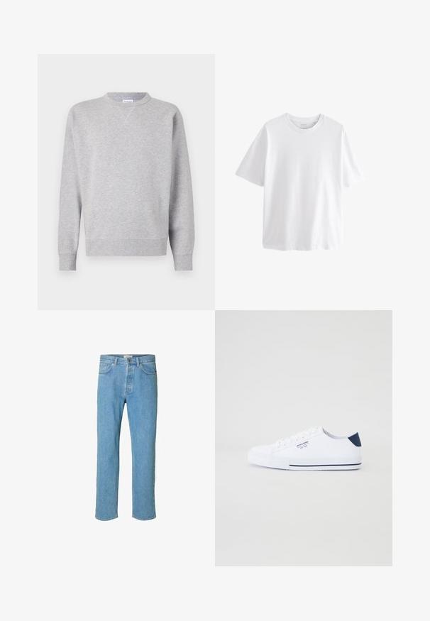Sudadera gris hecha de tela suave, con cuello redondo, mangas largas, puños acanalados y dobladillo recto. Sin patrones ni gráficos visibles.; Camiseta blanca lisa de manga corta y cuello redondo con un ajuste relajado sobre un fondo blanco.; Jeans de mezclilla azul claro con un diseño de pierna recta. Las características incluyen una bragueta con botón, cinco bolsillos y detalles cosidos a lo largo de las costuras.; Zapatillas de lona blancas con un acento en el talón en color navy, suela de goma plana, punta redonda y cordones blancos. Presenta un logo en el costado.